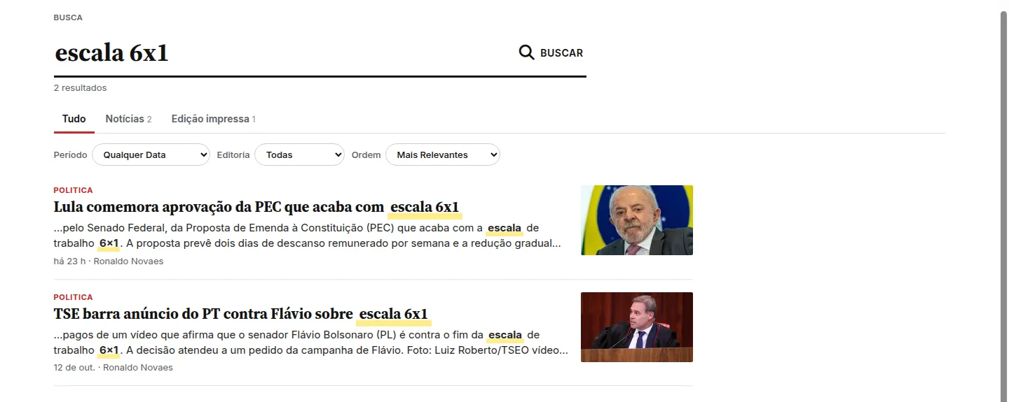 Busca do site com resultados em Tudo, Notícias e Edição impressa